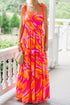 Red Abstract Print Knotted Shoulder High Waist Maxi Dress